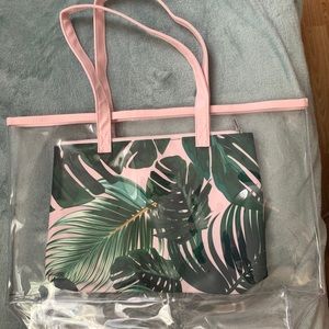 tote bag, pouch, makeup wipes and lipgloss